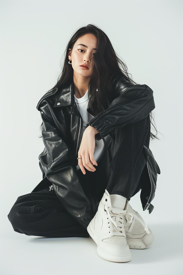 Photo 트렌디 스트리트웨어 스타일 전체 얼굴은 예쁜 젊은 일본 슈퍼 모델의 농작물이 없습니다.