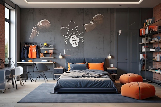 A trendy teens room has a modern design featuring a cozy bed and athletic gear
