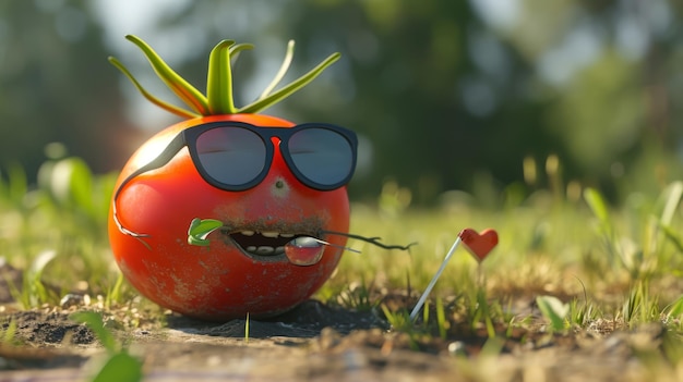 Photo a trendy tomato strutting around the picnic with aviator sungles and a toothpick in its mouth