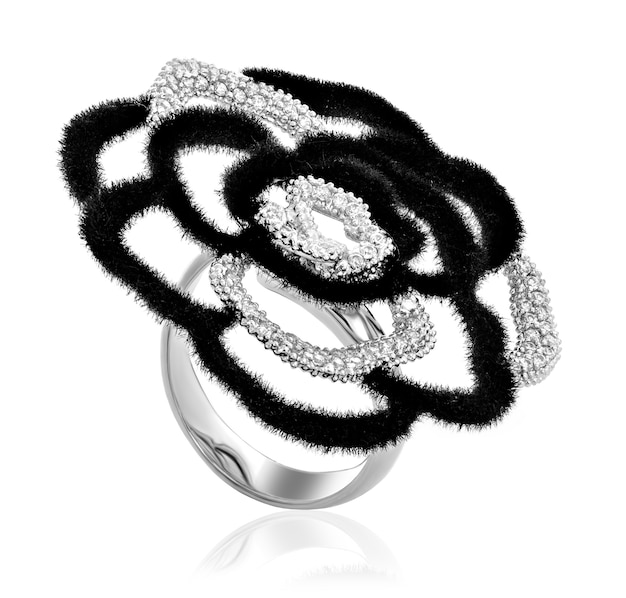 Trendy unusual silver ring with black hair