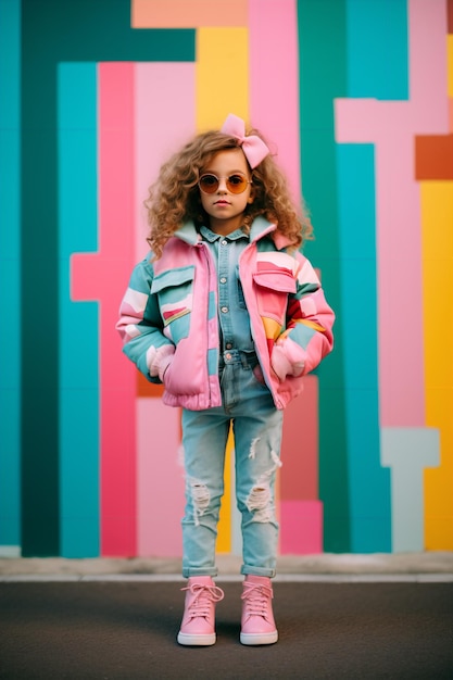 Photo trendy urban scenery little girl's stylish adventure