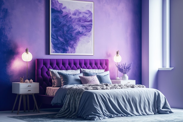 Trendy veri peri kleur in de slaapkamer Een paars fluwelen bed met een levendige lavendelkleurige muurkleuren van korenbloem lila en amethist gebruikt in kamerinrichting