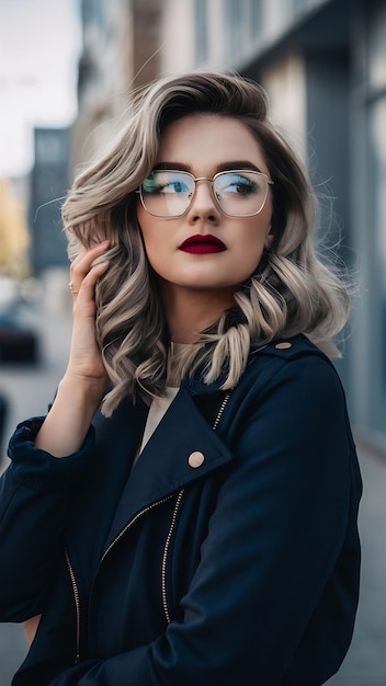 Trendy woman with wavy hairstyle and red lips posing outside