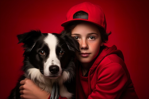 Trendy young boy in edgy attire confidently posing with his energetic border collie in red backdrop