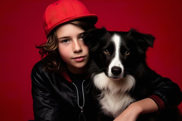 Trendy young boy in edgy attire confidently posing with his energetic border collie in red backdrop