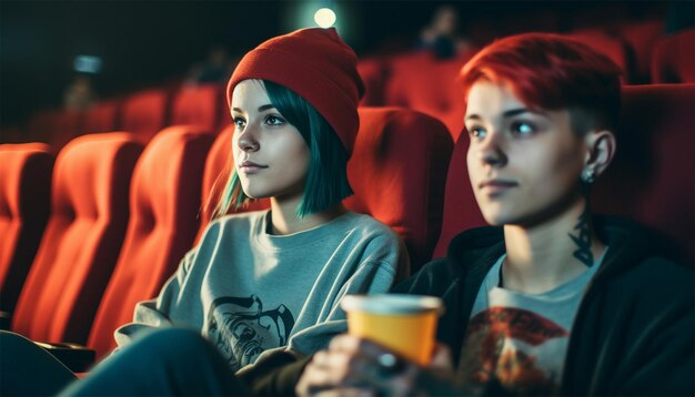 Photo trendy young hipster couple in cinema fashionable guy and girl watching movie with popcorn drink