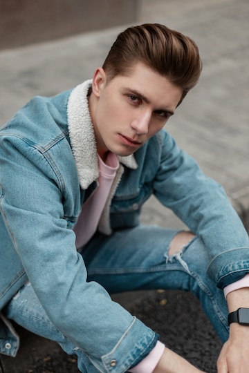 Premium Photo | Trendy young man with hairstyle in vintage denim jacket in  fashion jeans rest on street. stylish cool guy model in fashionable youth blue  denim clothes outdoors. casual menswear from