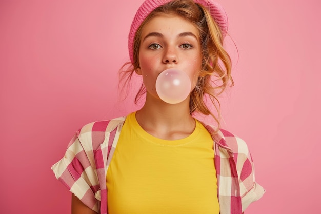 Photo trendy young teen with skateboard look blowing bubble gum on pink background