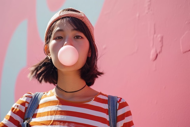 Photo trendy young teen with skateboard look blowing bubble gum on pink background