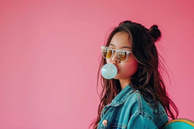 Trendy Young teen with skateboard look blowing bubble gum on pink background