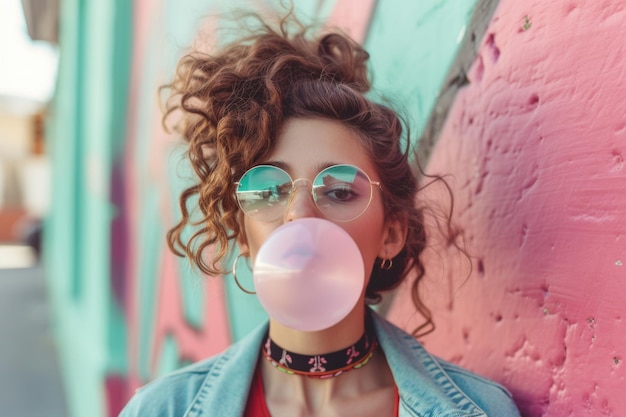 Photo a trendy young woman is with her stylish 90s crew blowing bubbles with her chewing gum