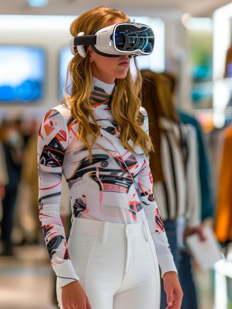 Foto giovane donna alla moda che prova le cuffie di realtà virtuale in un moderno centro commerciale con