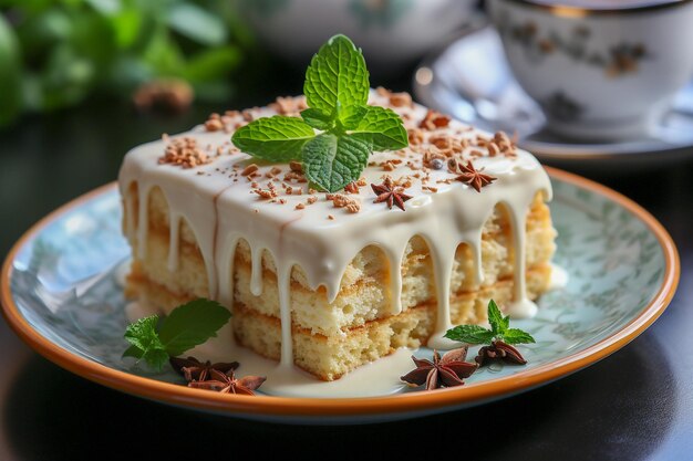 Tres Leches Cake Traditional cake from Latin America on table top view photo realistic AI generated