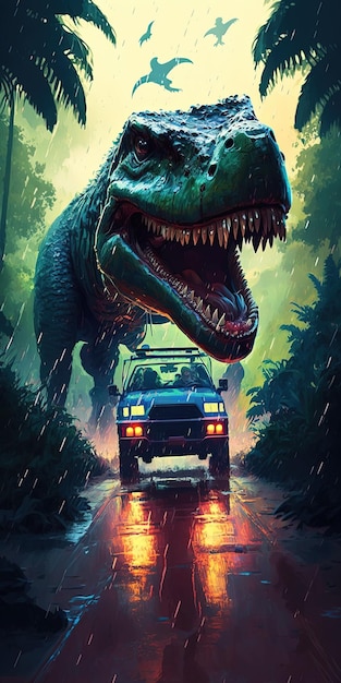 Динозавр TRex гонится за машиной в джунглях Generative Ai