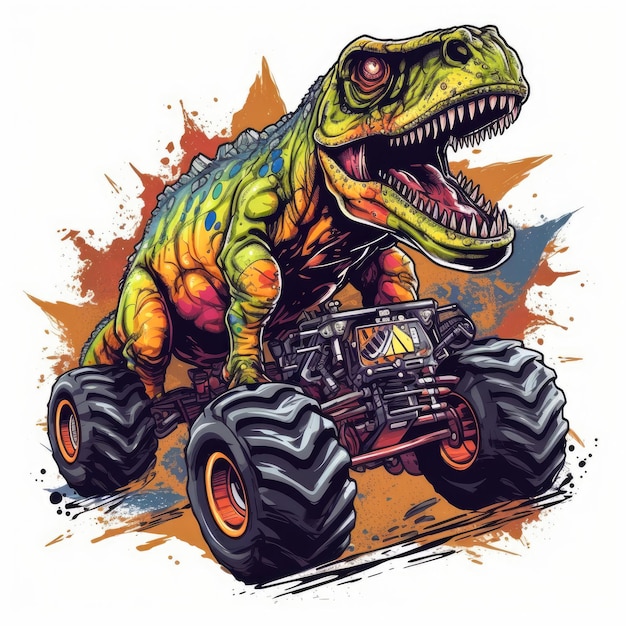 TRex Riding on Truck Cartoon dinosaur characters driving Generate Ai