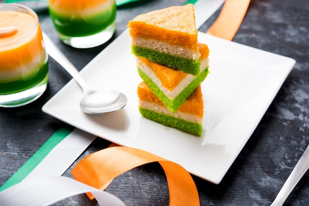 Tri-coloured or tiranga  Cake for Independence or republic Day celebration using Indian Flag colours