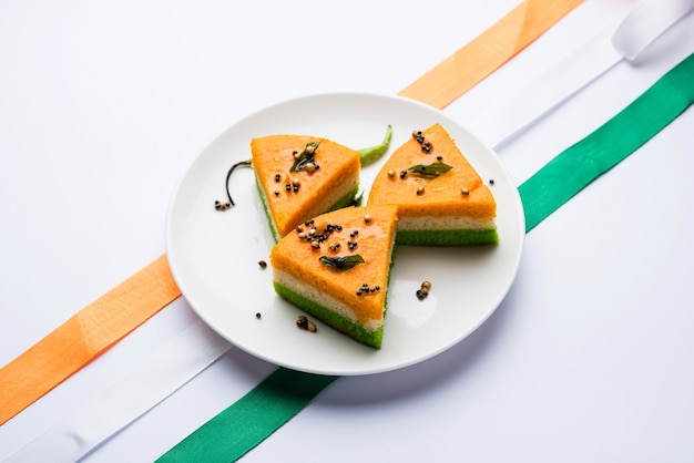 Tri-coloured or tiranga khaman Dhokla for Independence or republic Day celebration using Indian Flag colours