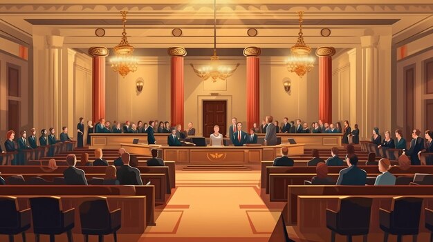 Trial in a court of law The public is seated and an impartial judge is presiding Judge of the Supreme Federal Court opens the hearing for a civil case Law Offender Sentencing Generative AI