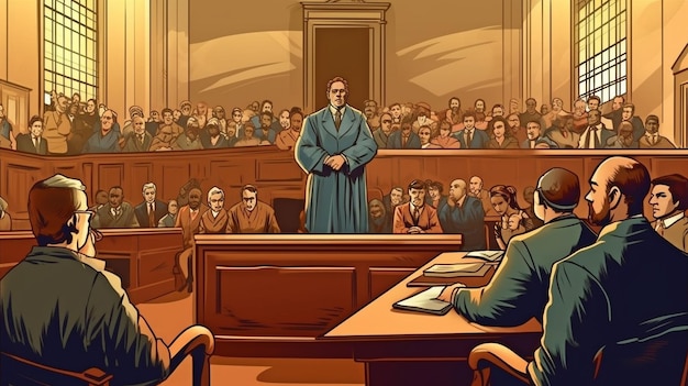 법정에서의 재판 대중이 자리에 앉고 공정한 판사가 주재하는 연방대법원 판사 민사 사건에 대한 청문회 열기 법률 위반자 선고 Generative AI