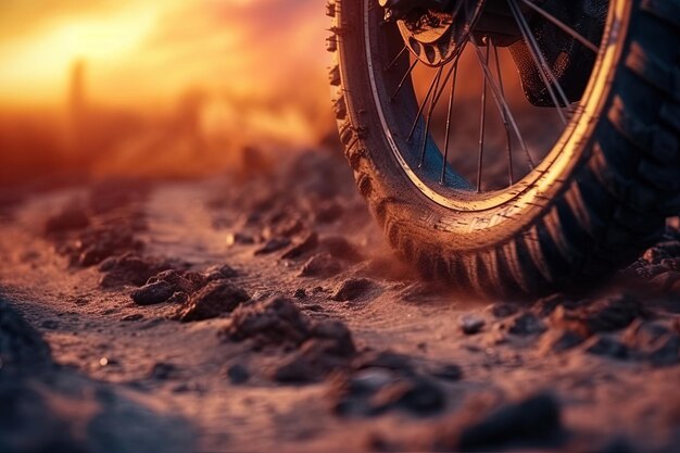 Trial sports bike wheel in the sun shine Close up view of a mountain bike wheel