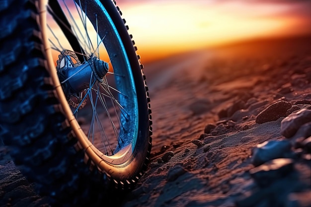 Foto prova della ruota di una bicicletta sportiva al sole visto da vicino di una ruota di bicicletta da montagna