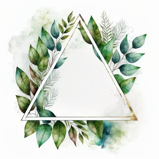 Triangle frame of green leaves with watercolor painting