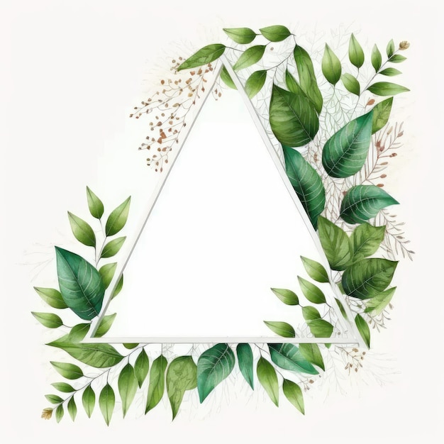 Triangle frame of green leaves with watercolor painting