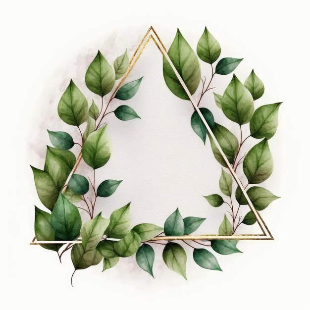 Photo triangle frame of green leaves with watercolor painting