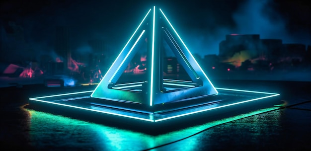 A triangle neon lit up and sitting on a rock