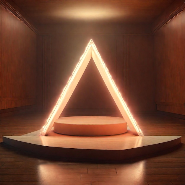 Photo a triangle podium with glowing lights in it on wooden base