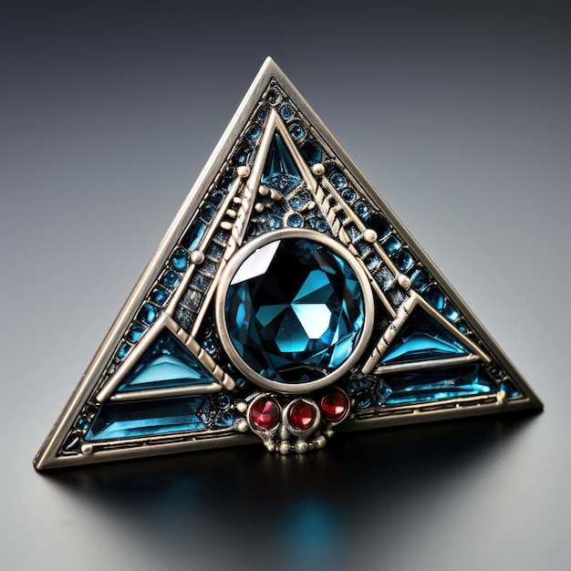 Photo a triangle shaped brooch with a blue stone digital image