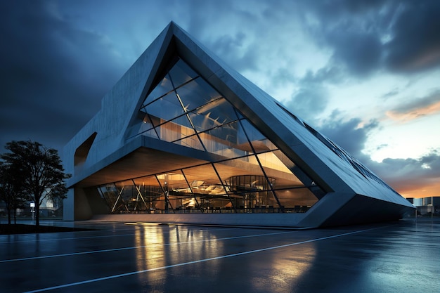 Triangle shaped building exterior at night with the lights inside on