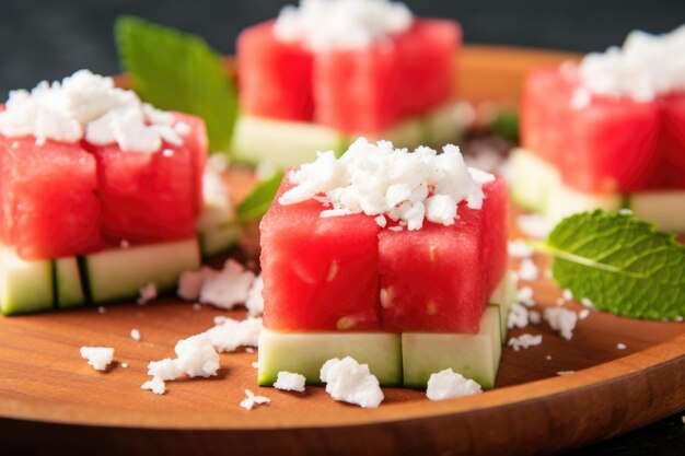Triangle watermelon slices with crumbled feta on top