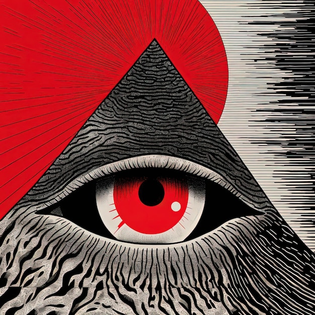 Triangle with a ray of light and red eye in the style of don blanding