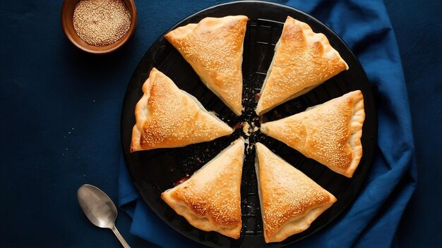 Photo triangled shape bourekas baked pie with sesame seeds