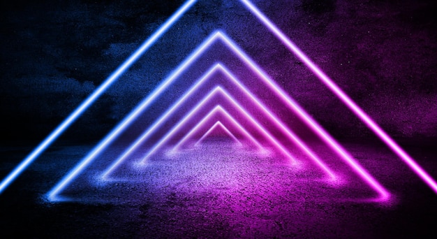 Triangular neon lights under concrete pavement and walls