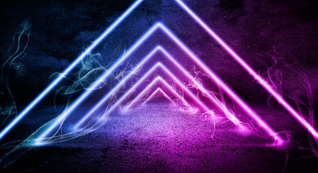 Triangular neon lights under concrete pavement and walls