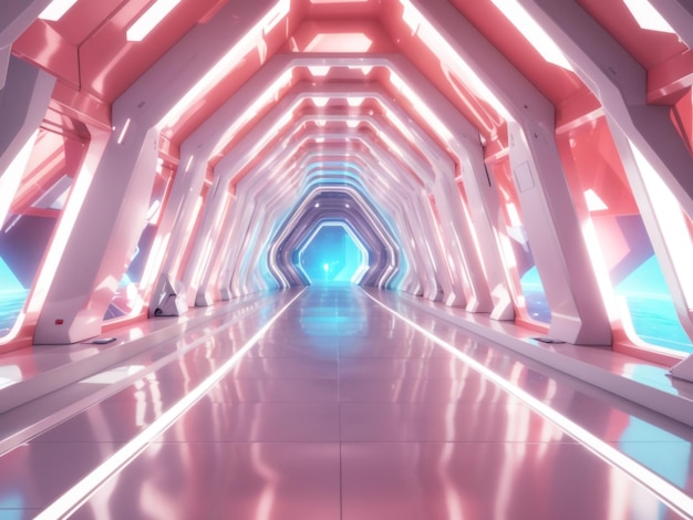 トライアングル オデッセイ 未来的な設定の抽象的な三角形の宇宙船の廊下