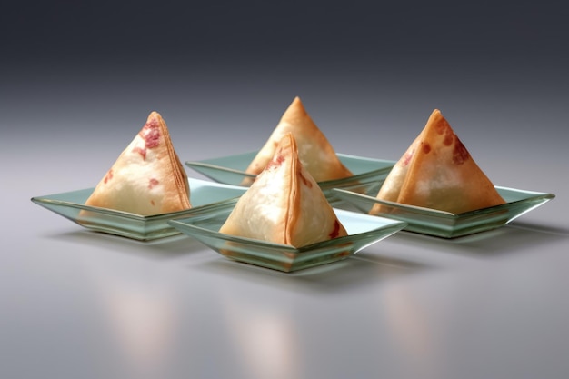 Triangular pastry puffs with a slice of pizza on glass plates