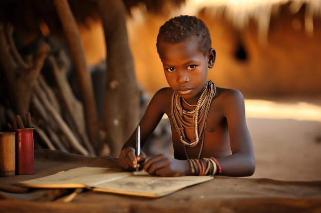 Tribal African child focusing on writing in village