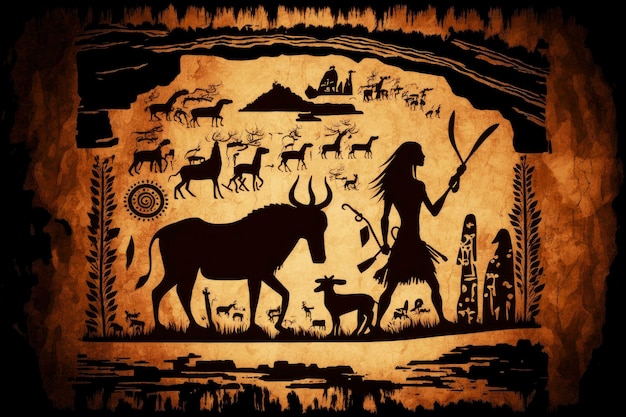 Photo tribal cave painting of prehistoric human and animal