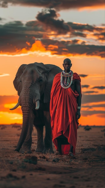 Foto anziano della tribù e elefante al tramonto