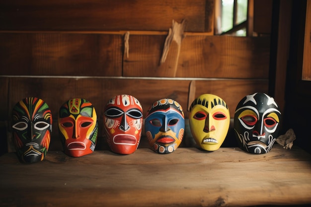 Tribal geschilderde maskers op een houten tafel