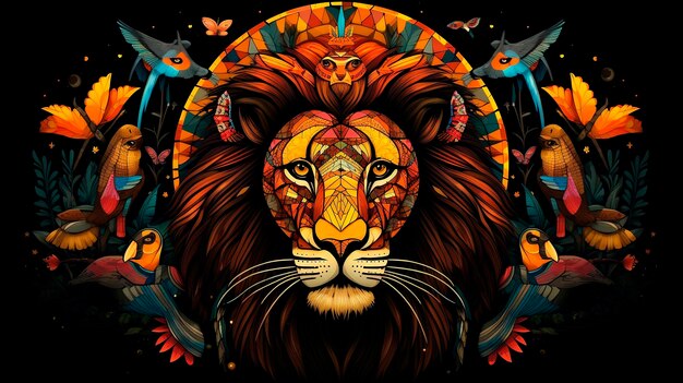 Photo tribal lion with colorful leaves and birds on black background