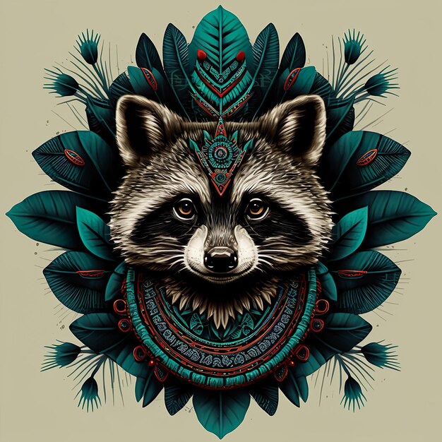 Tribal Raccoon with feathers Ethnic Raccoon illustration Generative AI
