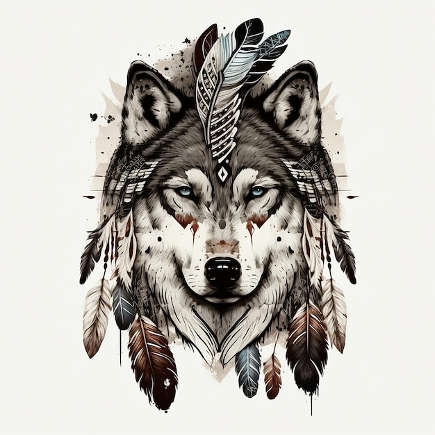 Photo tribal style wolf with ethnic ornaments and war bonnet on head