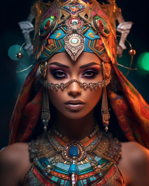 Tribal warrior queen of the future in neon color