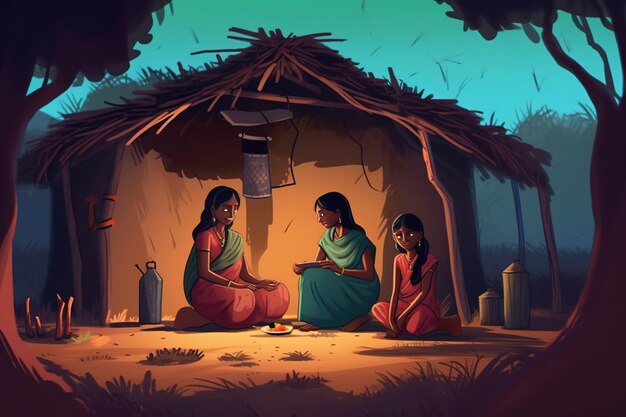 tribal woman with child in a vallage Cartoon family sitting near hut Tribe ethnic culture