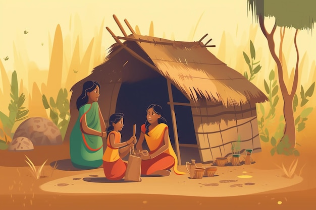 Photo tribal woman with child in a vallage cartoon family sitting near hut tribe ethnic culture