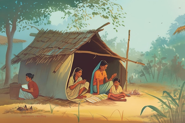 tribal woman with child in a vallage Cartoon family sitting near hut Tribe ethnic culture